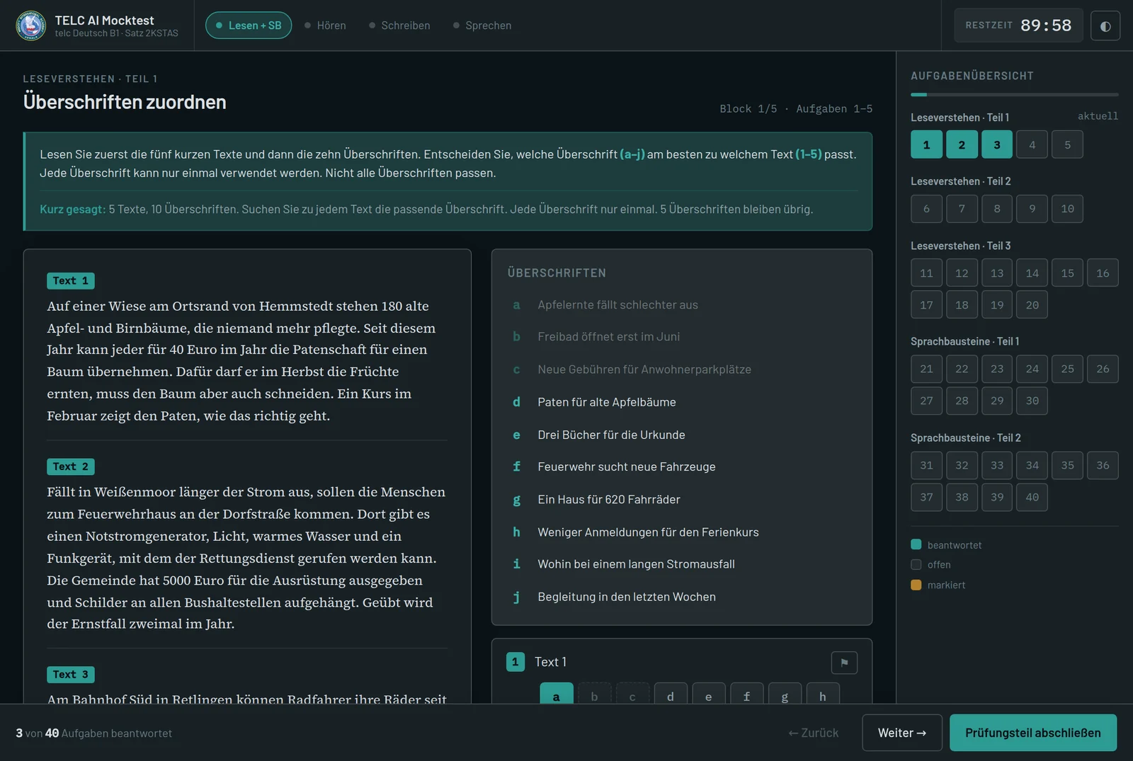 The exam screen: a reading task with the texts on the left, the headings to choose from on the right, the clock running at the top and the question overview down the side.